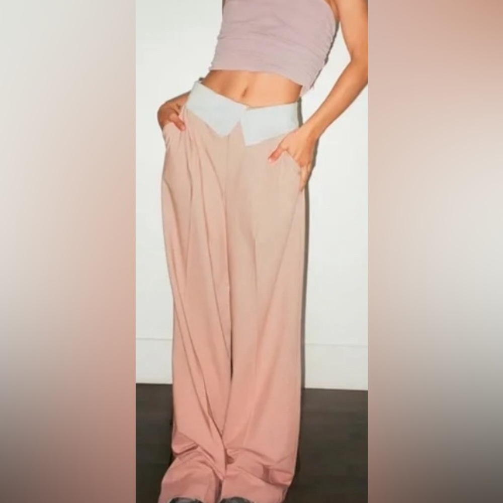 Zara mid waist full length fold down waist trousers in pinky/salmon colour